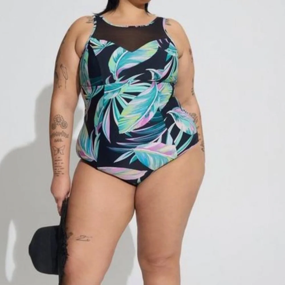 torrid Wireless Mesh High Neck One Piece Swimsuit - Pretty Summer Leaves, Sz. 18